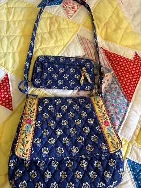 Quilted Navy Floral Crossbody Bag (and Matching Wallet) with Adjustable Strap